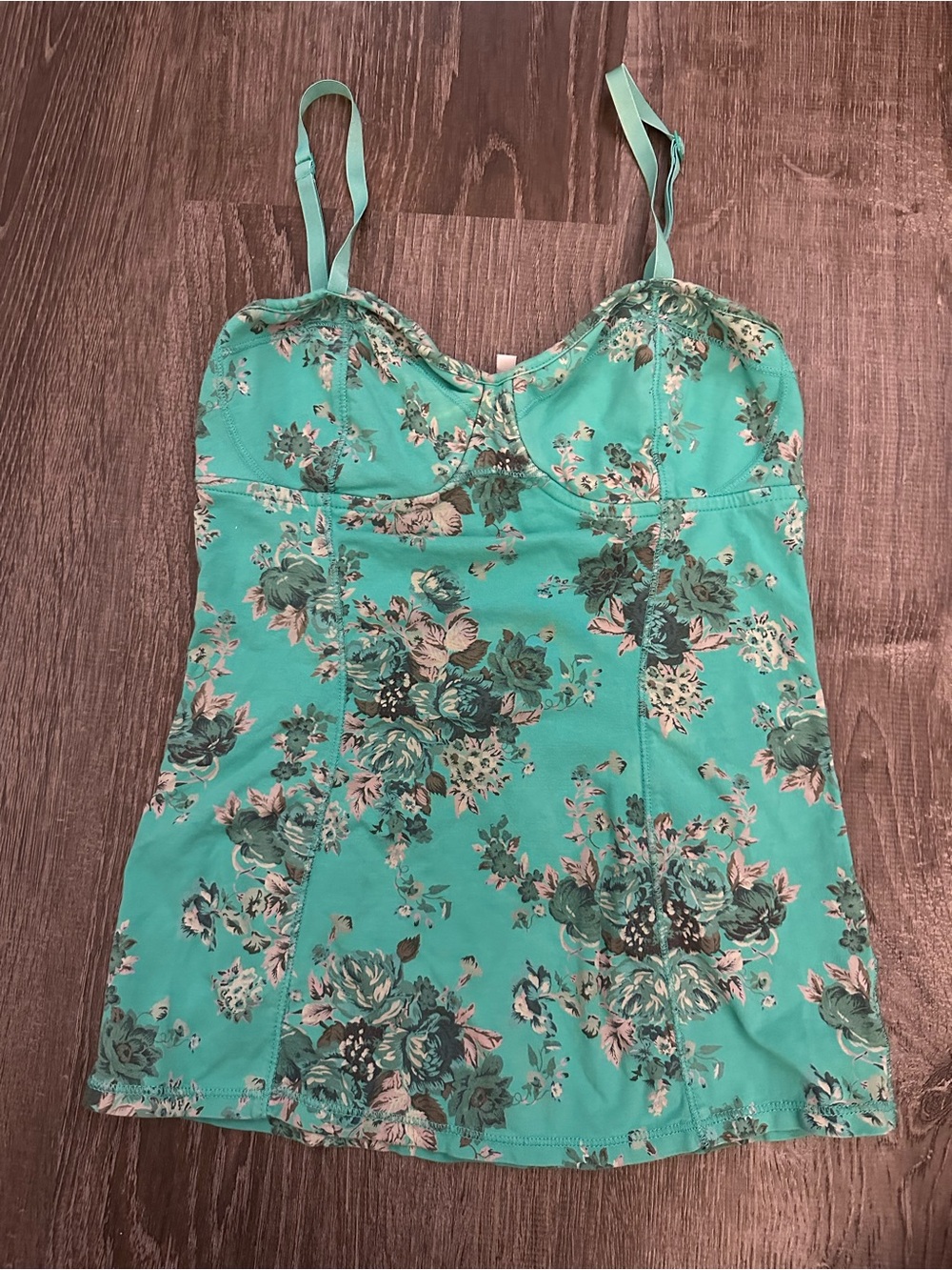 Aritzia Talula Teal Green Floral Spaghetti Strap Tank